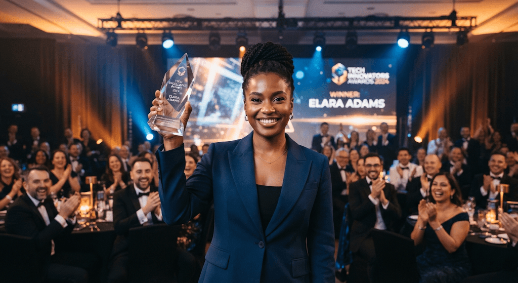SYBTE Awards recipient smiling on stage holding a glass trophy