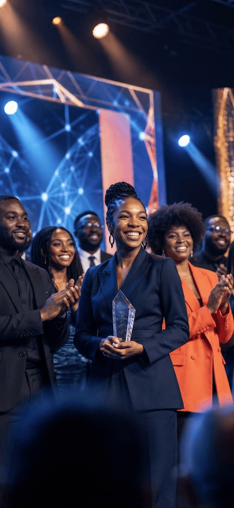 SYBTE Awards recipient smiling on stage holding a glass trophy