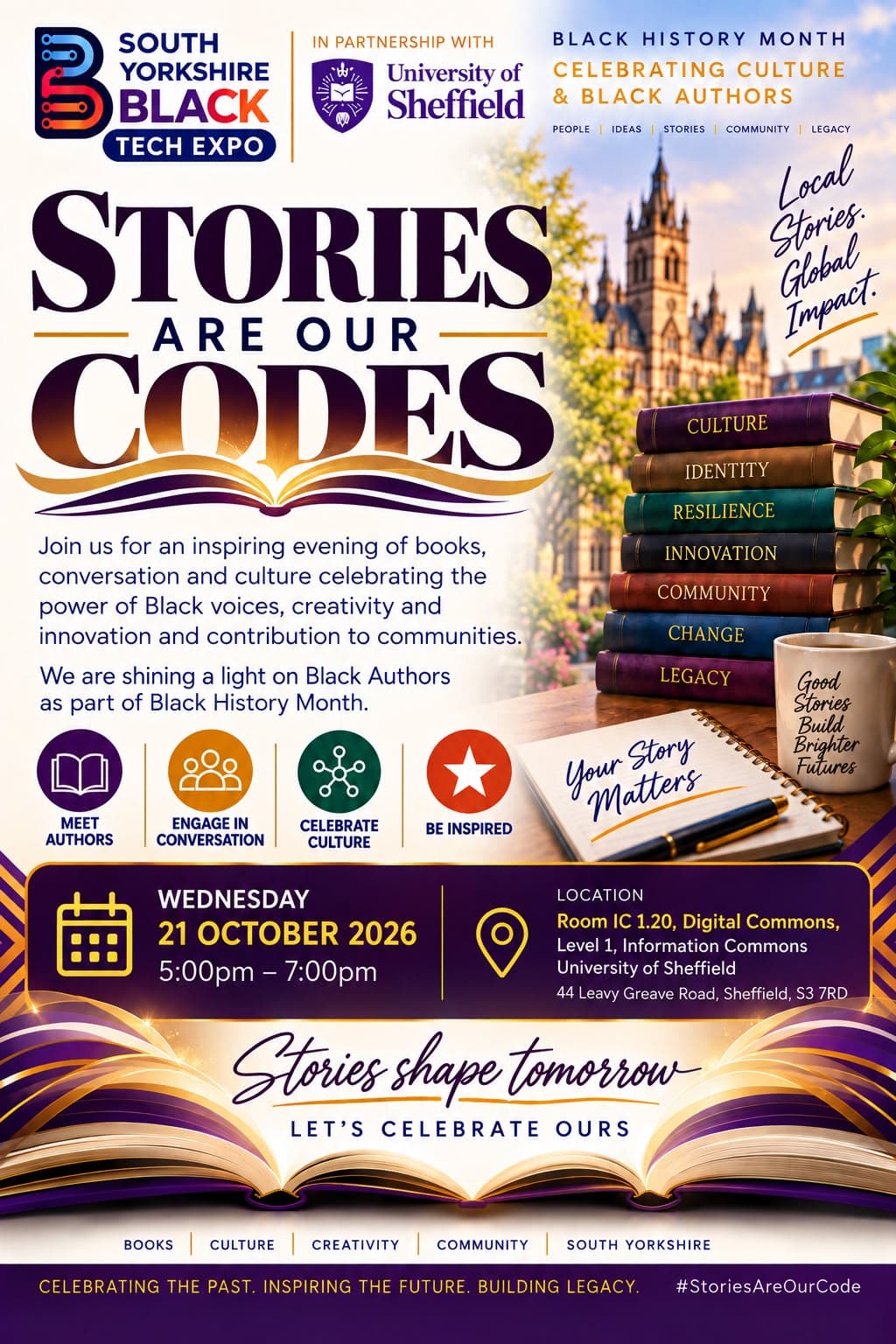 Stories Are Our Codes — Black History Month author showcase poster, 21 October 2026